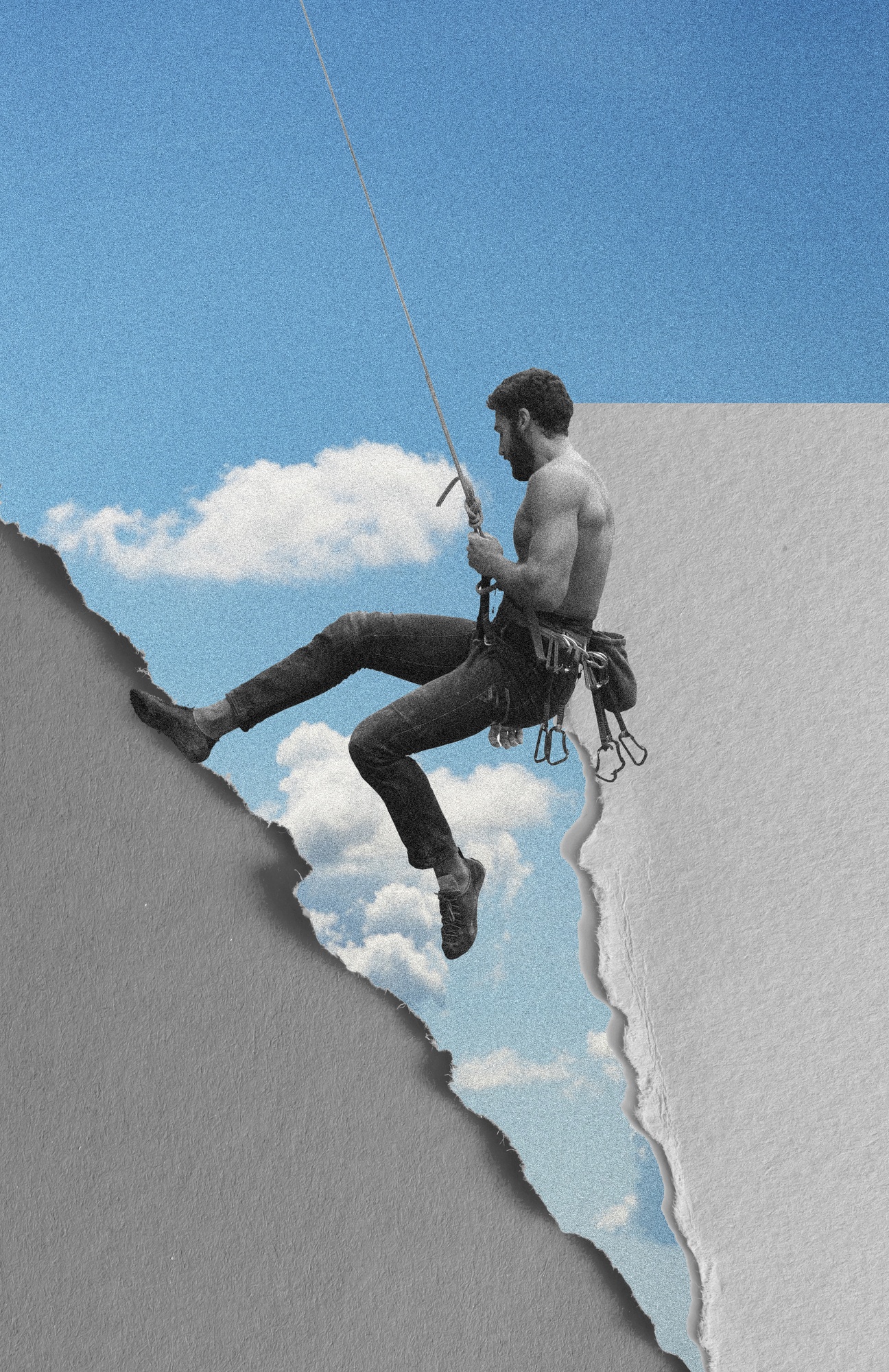 Surreal collage of a climber breaking through a paper wall