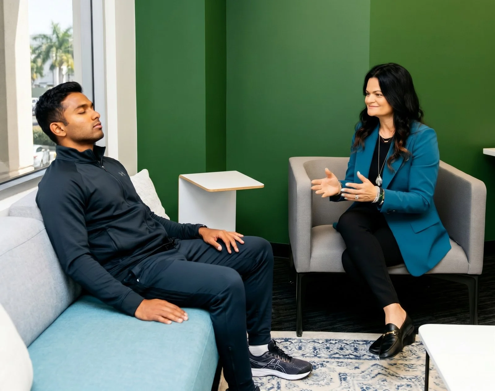 Leticia Oliveira guiding an athlete through sports performance hypnosis in San Diego