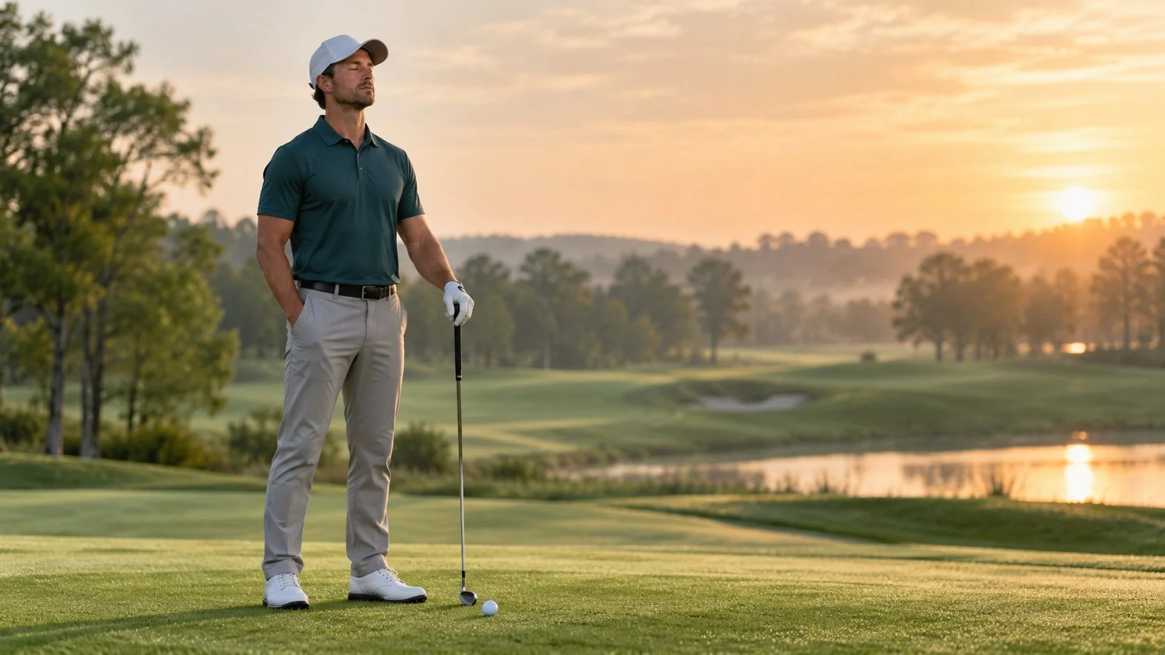 Golfer practicing calm visualization and focused breathing before a shot