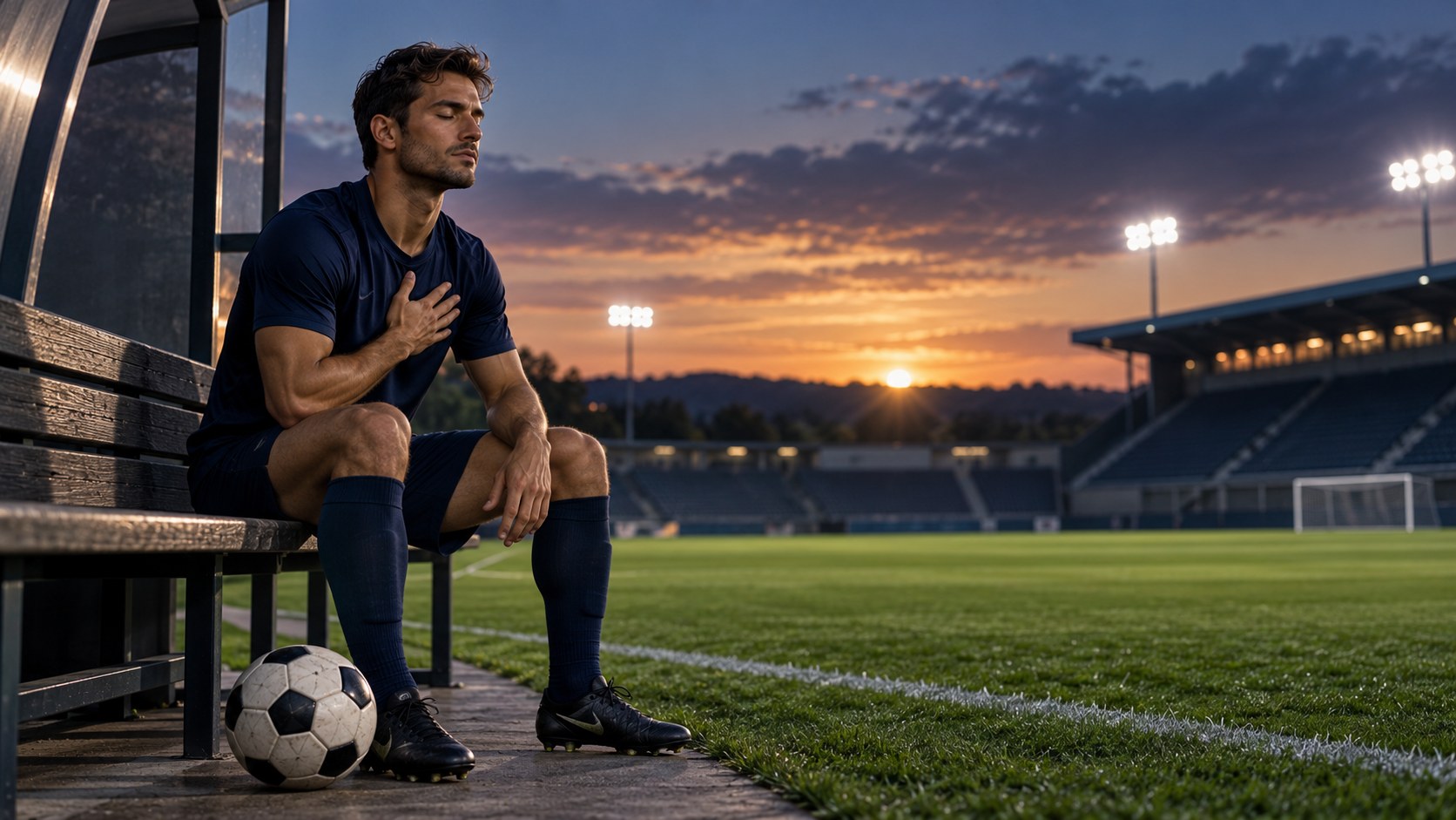 Soccer player practicing calm breathing and visualization beside an empty field