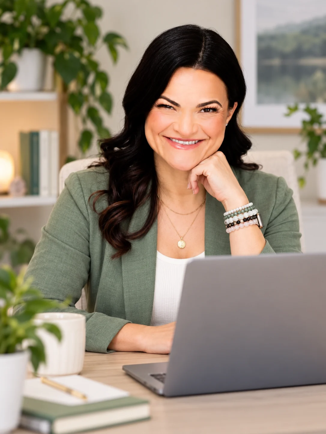 Leticia Oliveira seated at a laptop for an online hypnotherapy session